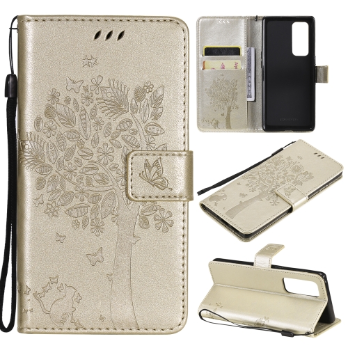 

For OPPO Reno5 Pro+ 5G / Find X3 Neo Tree & Cat Pattern Pressed Printing Horizontal Flip PU Leather Case with Holder & Card Slots & Wallet & Lanyard(Gold)