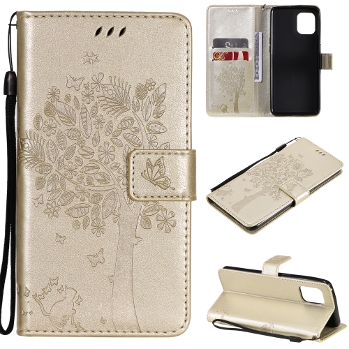 

For OPPO Find X3 / X3 Pro Tree & Cat Pattern Pressed Printing Horizontal Flip PU Leather Case with Holder & Card Slots & Wallet & Lanyard(Gold)