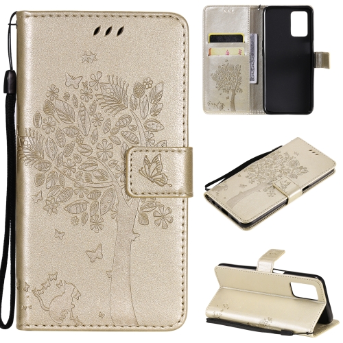 

For OPPO Realme V13 5G / Realme 8 5G Tree & Cat Pattern Pressed Printing Horizontal Flip PU Leather Case with Holder & Card Slots & Wallet & Lanyard(Gold)