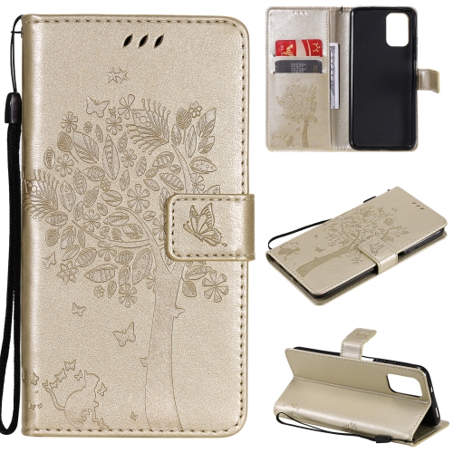 

For Xiaomi Redmi Note 10 4G Tree & Cat Pattern Pressed Printing Horizontal Flip PU Leather Case with Holder & Card Slots & Wallet & Lanyard(Gold)