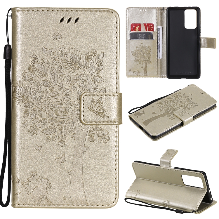 

For Xiaomi Redmi Note 10 Pro Tree & Cat Pattern Pressed Printing Horizontal Flip PU Leather Case with Holder & Card Slots & Wallet & Lanyard(Gold)