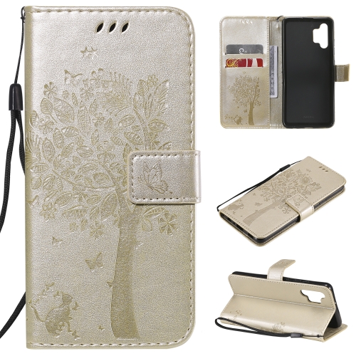 

For Samsung Galaxy A32 4G Tree & Cat Pattern Pressed Printing Horizontal Flip PU Leather Case with Holder & Card Slots & Wallet & Lanyard(Gold)