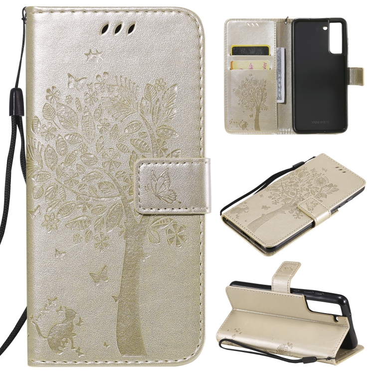 

For Samsung Galaxy S21 FE Tree & Cat Pattern Pressed Printing Horizontal Flip PU Leather Case with Holder & Card Slots & Wallet & Lanyard(Gold)