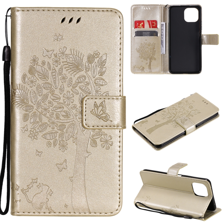 

For Xiaomi Mi 11 Lite 5G Tree & Cat Pattern Pressed Printing Horizontal Flip PU Leather Case with Holder & Card Slots & Wallet & Lanyard(Gold)