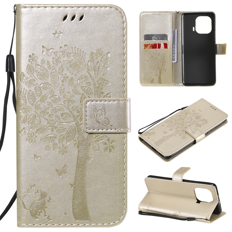 

For Xiaomi Mi 11 Pro Tree & Cat Pattern Pressed Printing Horizontal Flip PU Leather Case with Holder & Card Slots & Wallet & Lanyard(Gold)