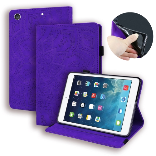 

For iPad 10.2 inch 2019 Calf Pattern Double Folding Design Embossed Leather Case with Holder & Card Slots & Pen Slot & Elastic Band(Purple)