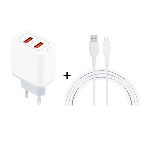 

K0-99 2 in 1 5V / 3.1A 2 USB Ports Travel Charger with 1.2m USB to 8 Pin Data Cable Set, EU Plug