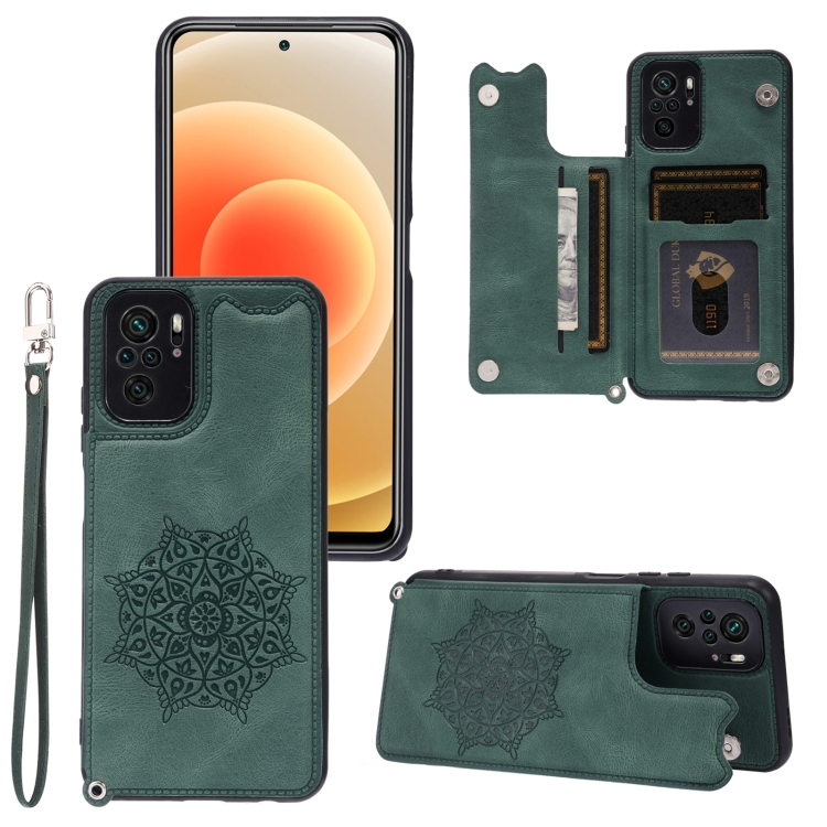 

For Xiaomi Redmi Note 10 Mandala Embossed PU + TPU Case with Holder & Card Slots & Photo Frame & Strap(Green)