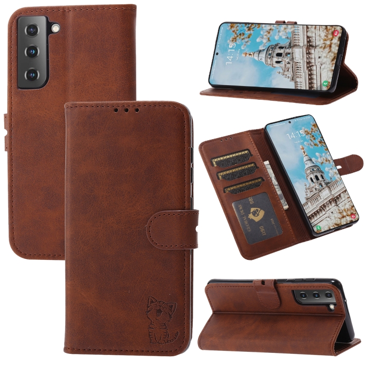 

For Samsung Galaxy S21 FE Embossed Happy Cat Pattern Horizontal Flip Leather Case with Holder & Card Slots & Wallet(Brown)