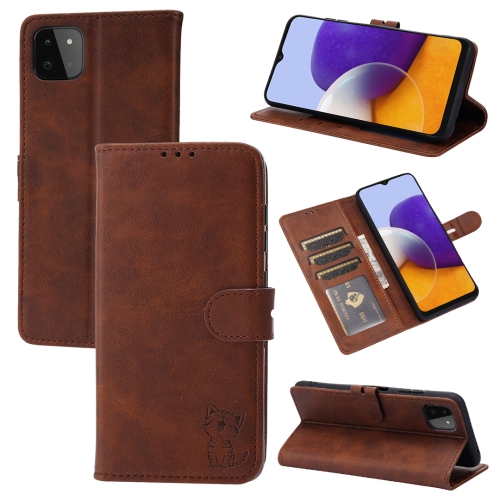 

For Samsung Galaxy A22 5G EU Version Embossed Happy Cat Pattern Horizontal Flip Leather Case with Holder & Card Slots & Wallet(Brown)