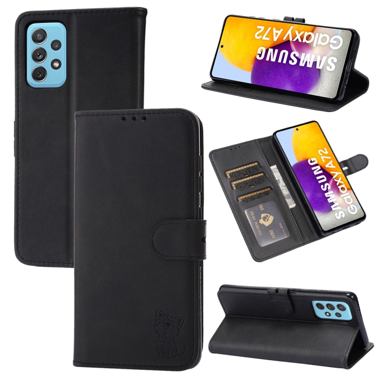 

For Samsung Galaxy A72 5G / 4G Embossed Happy Cat Pattern Horizontal Flip Leather Case with Holder & Card Slots & Wallet(Black)