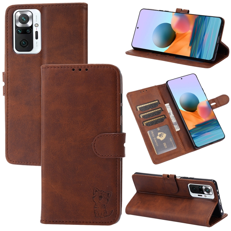 

For Xiaomi Redmi Note 10 Pro Embossed Happy Cat Pattern Horizontal Flip Leather Case with Holder & Card Slots & Wallet(Brown)