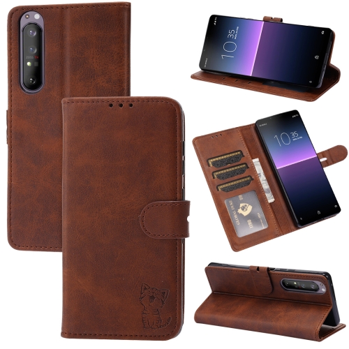 

For Sony Xperia 1 III Embossed Happy Cat Pattern Horizontal Flip Leather Case with Holder & Card Slots & Wallet(Brown)