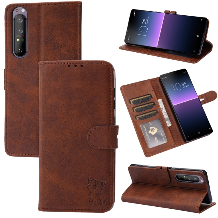 

For Sony Xperia 5 III Embossed Happy Cat Pattern Horizontal Flip Leather Case with Holder & Card Slots & Wallet(Brown)