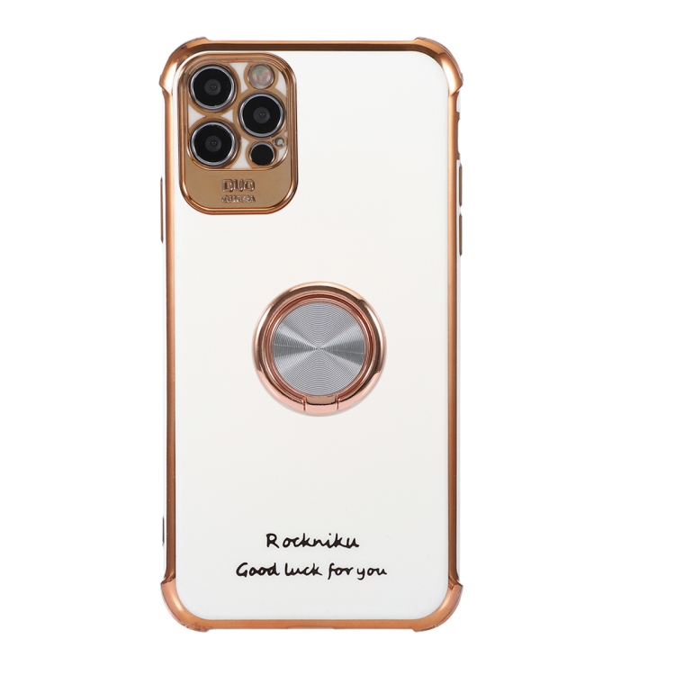 

Electroplating Solid Color TPU Four-Corner Shockproof Protective Case with Ring Holder For iPhone 12 Pro(Pearl White)