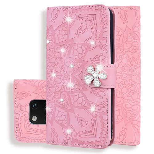 

For Huawei Mate 20 Pro Calf Pattern Diamond Mandala Double Folding Design Embossed Leather Case with Wallet & Holder & Card Slots(Pink)