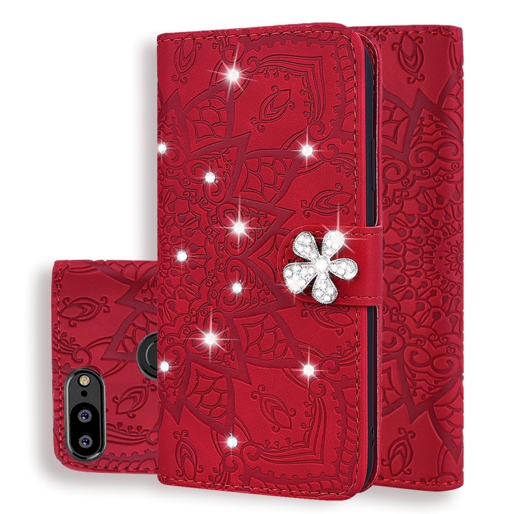 

For Huawei P Smart / Honor 9 Lite Calf Pattern Diamond Mandala Double Folding Design Embossed Leather Case with Wallet & Holder & Card Slots(Red)