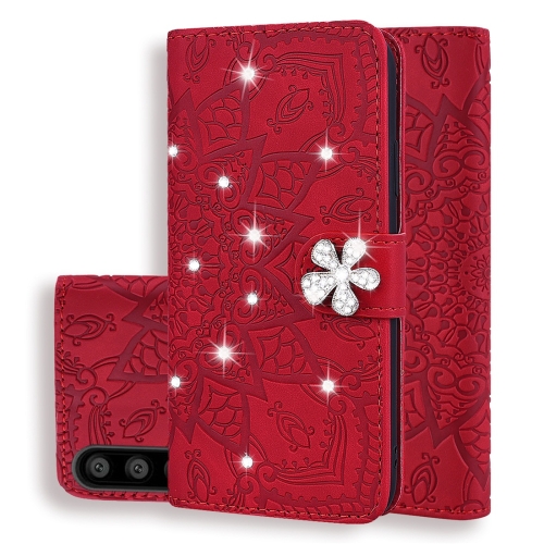 

For Huawei P20 Pro Calf Pattern Diamond Mandala Double Folding Design Embossed Leather Case with Wallet & Holder & Card Slots(Red)