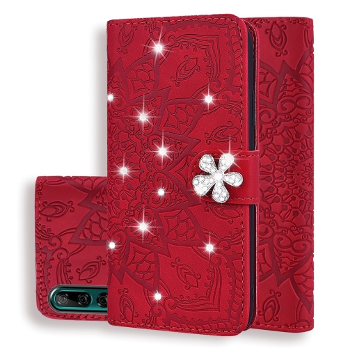 

For Huawei Y9 Prime (2019) Calf Pattern Diamond Mandala Double Folding Design Embossed Leather Case with Wallet & Holder & Card Slots(Red)