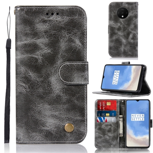 

For OnePlus 7T Retro Copper Button Crazy Horse Horizontal Flip PU Leather Case with Holder & Card Slots & Wallet & Lanyard(Grey)