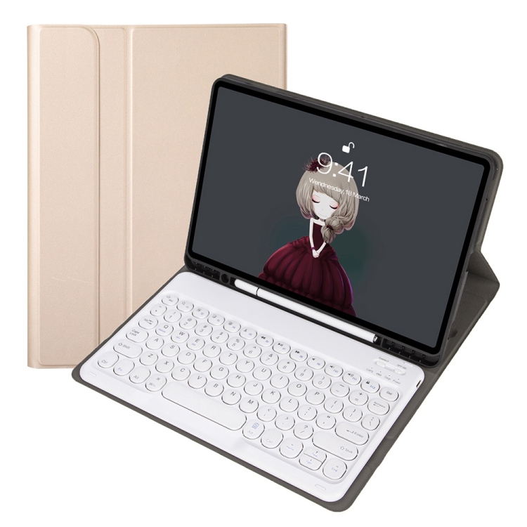 

YA11B 2021 Detachable Lambskin Texture Round Keycap Bluetooth Keyboard Leather Case with Pen Slot & Stand For iPad Pro 11 (2021)(Gold)