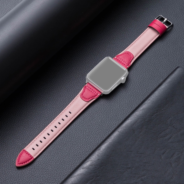 

Splicing Cowhide Leather Replacement Strap Watchband For Apple Watch Series 6 & SE & 5 & 4 40mm / 3 & 2 & 1 38mm(Rose Red)