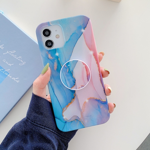

Frosted Watercolor Marble TPU Protective Case with Airbag Holder For iPhone 12 / 12 Pro(Baby Blue)