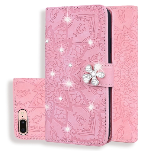 

For iPhone 7 Plus / 8 Plus Calf Pattern Diamond Mandala Double Folding Design Embossed Leather Case with Wallet & Holder & Card Slots(Pink)