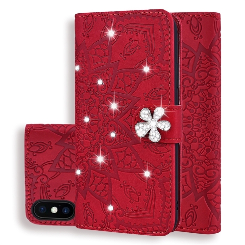 

For iPhone X / XS Calf Pattern Diamond Mandala Double Folding Design Embossed Leather Case with Wallet & Holder & Card Slots(Red)