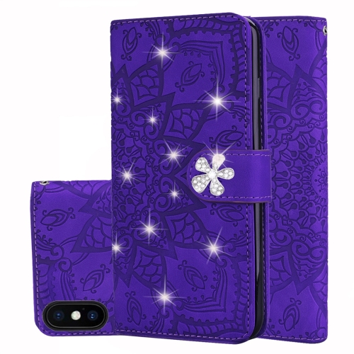 

For iPhone X / XS Calf Pattern Diamond Mandala Double Folding Design Embossed Leather Case with Wallet & Holder & Card Slots(Purple)