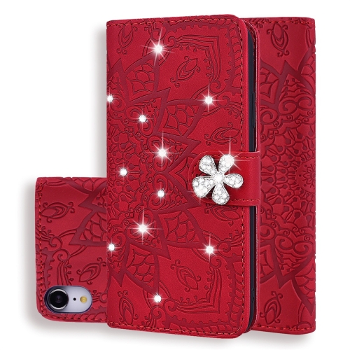 

For iPhone XR Calf Pattern Diamond Mandala Double Folding Design Embossed Leather Case with Wallet & Holder & Card Slots(Red)