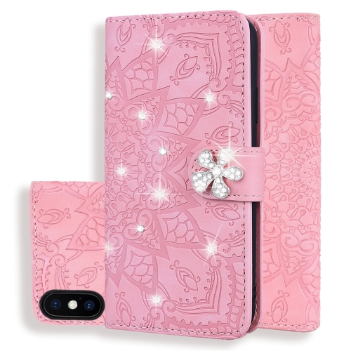 

For iPhone XS Max Calf Pattern Diamond Mandala Double Folding Design Embossed Leather Case with Wallet & Holder & Card Slots(Pink)
