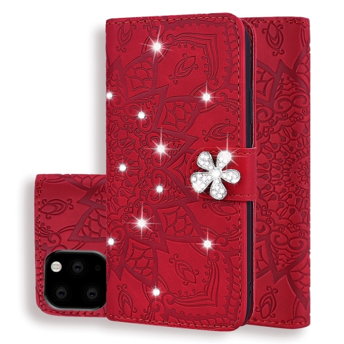 

For iPhone 11 Pro Max Calf Pattern Diamond Mandala Double Folding Design Embossed Leather Case with Wallet & Holder & Card Slots(Red)