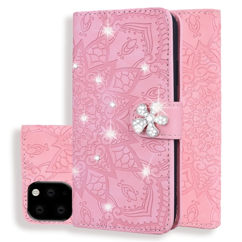 

For iPhone 11 Pro Max Calf Pattern Diamond Mandala Double Folding Design Embossed Leather Case with Wallet & Holder & Card Slots(Pink)