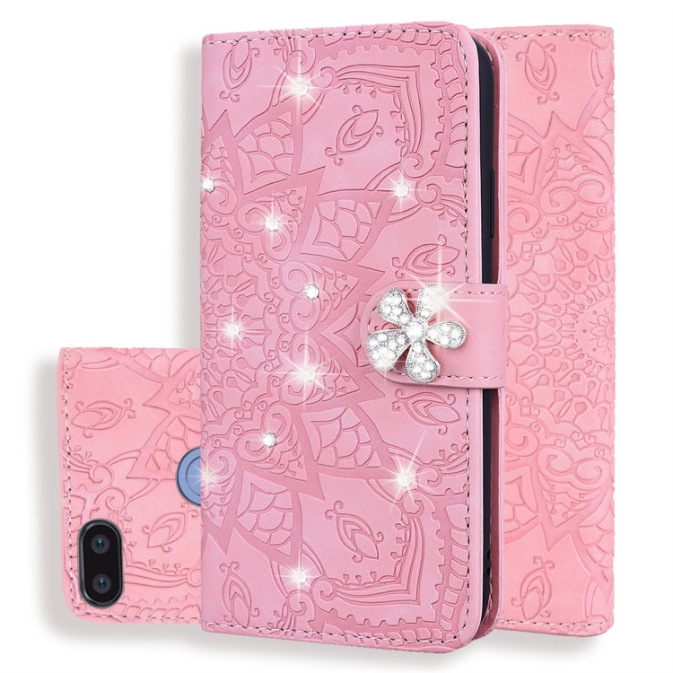 

For Xiaomi Redmi 6 / 6A Calf Pattern Diamond Mandala Double Folding Design Embossed Leather Case with Wallet & Holder & Card Slots(Pink)