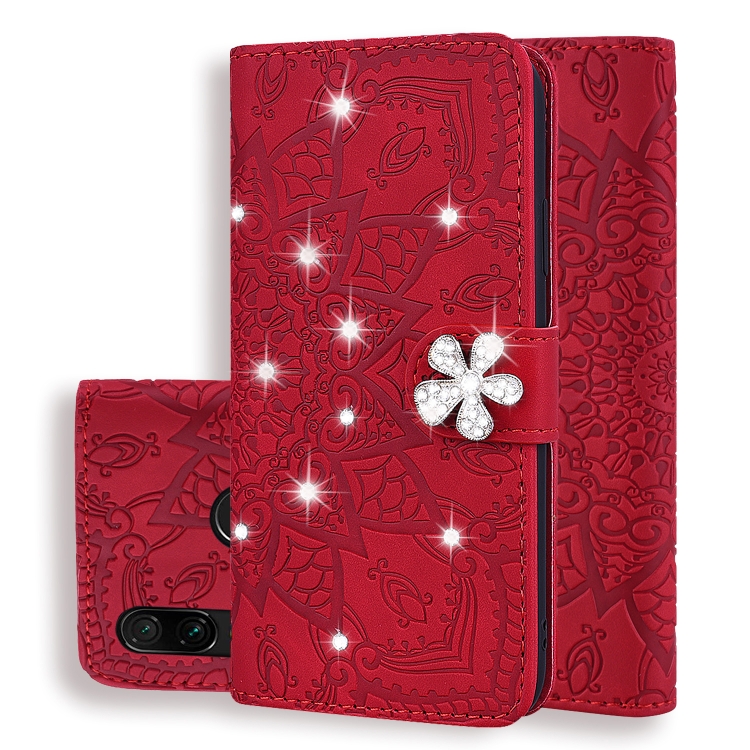 

For Xiaomi Redmi 7 / Y3 Calf Pattern Diamond Mandala Double Folding Design Embossed Leather Case with Wallet & Holder & Card Slots(Red)