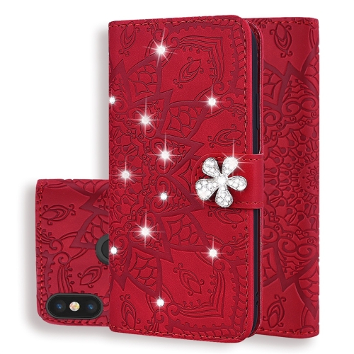 

For Xiaomi Redmi Note 5 Pro / Note 5 (Global Official Version) Calf Pattern Diamond Mandala Double Folding Design Embossed Leather Case with Wallet & Holder & Card Slots(Red)