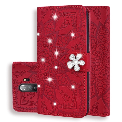 

For Xiaomi Redmi Note 8 Pro Calf Pattern Diamond Mandala Double Folding Design Embossed Leather Case with Wallet & Holder & Card Slots(Red)