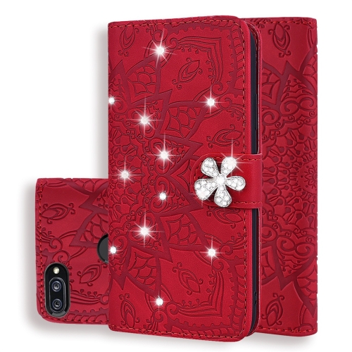 

For Xiaomi Mi 8 Lite Calf Pattern Diamond Mandala Double Folding Design Embossed Leather Case with Wallet & Holder & Card Slots(Red)