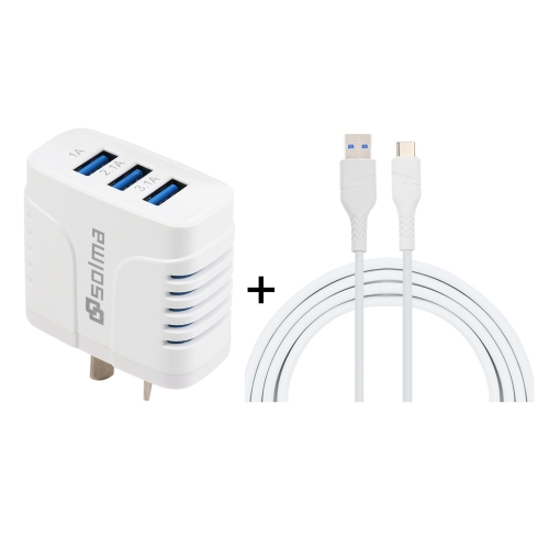 

SOlma 2 in 1 6.2A 3 USB Ports Travel Charger + 1.2m USB to USB-C / Type-C Data Cable Set, AU Plug