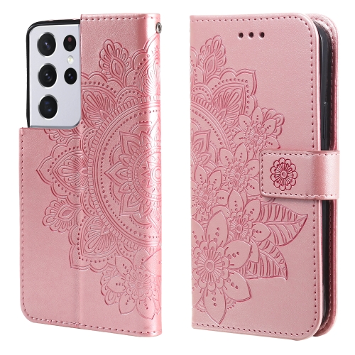 

For Samsung Galaxy S21 Ultra 5G 7-petal Flowers Embossing Pattern Horizontal Flip PU Leather Case with Holder & Card Slots & Wallet & Photo Frame(Rose Gold)