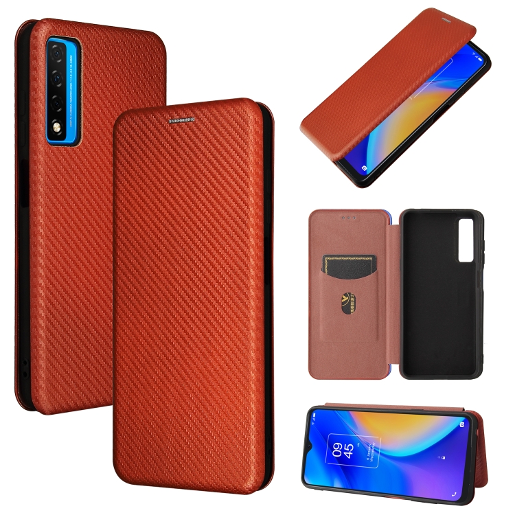 

For TCL 20S Carbon Fiber Texture Magnetic Horizontal Flip TPU + PC + PU Leather Case with Card Slot(Brown)