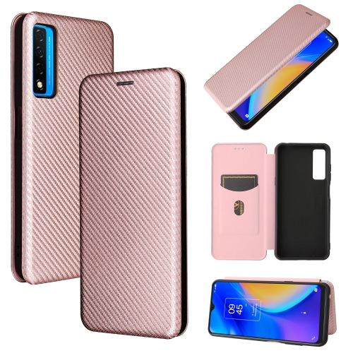 

For TCL 20S Carbon Fiber Texture Magnetic Horizontal Flip TPU + PC + PU Leather Case with Card Slot(Pink)