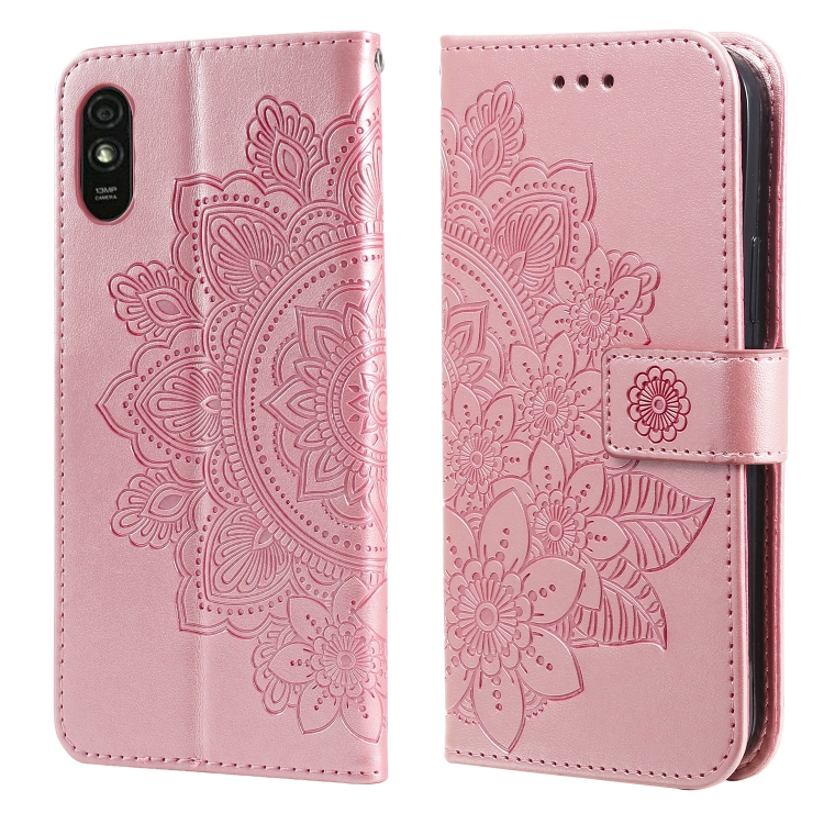 

For Xiaomi Redmi 9A 7-petal Flowers Embossing Pattern Horizontal Flip PU Leather Case with Holder & Card Slots & Wallet & Photo Frame(Rose Gold)