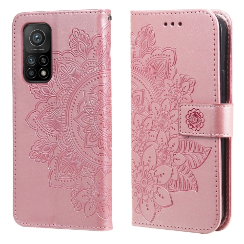 

For Xiaomi Mi 10T Pro 7-petal Flowers Embossing Pattern Horizontal Flip PU Leather Case with Holder & Card Slots & Wallet & Photo Frame(Rose Gold)
