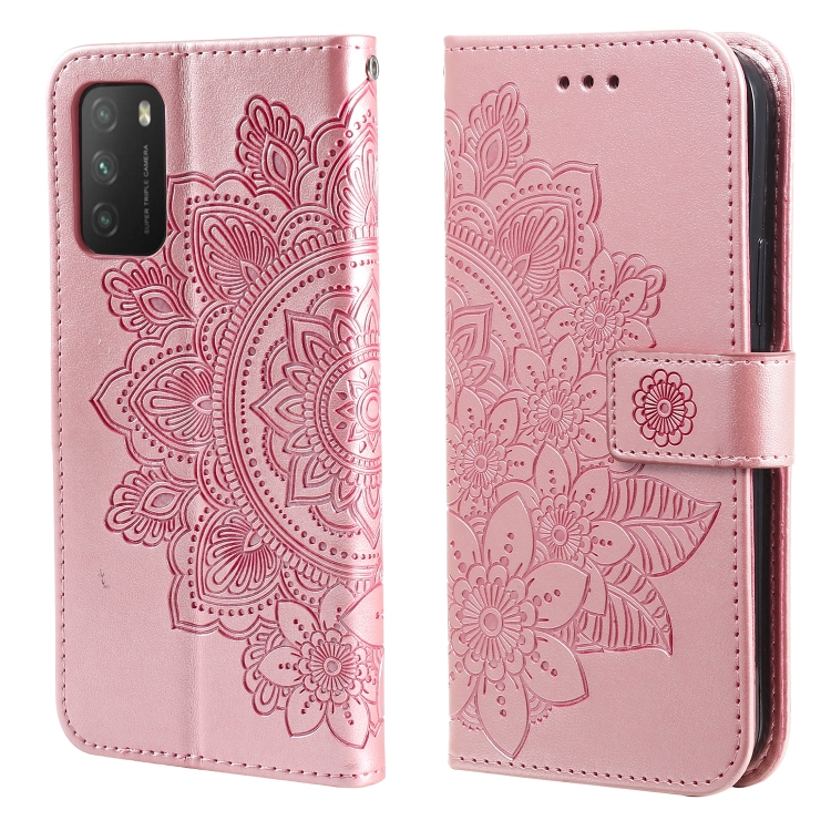 

For Xiaomi Poco M3 / Redmi Note 9 4G 7-petal Flowers Embossing Pattern Horizontal Flip PU Leather Case with Holder & Card Slots & Wallet & Photo Frame(Rose Gold)