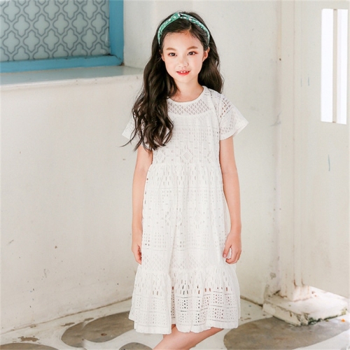 

s55 Girls Summer Hollow Lace Princess Dress Two-piece Suit, Appropriate Height:130cm(White)