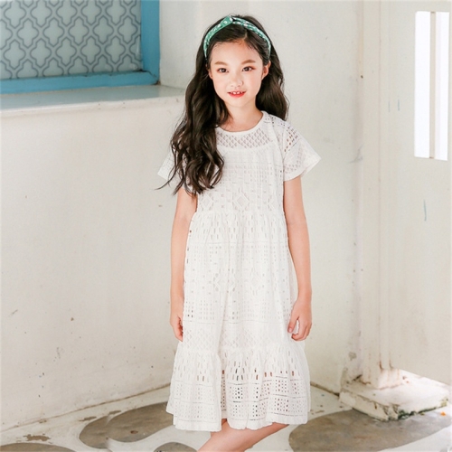 

s55 Girls Summer Hollow Lace Princess Dress Two-piece Suit, Appropriate Height:150cm(White)
