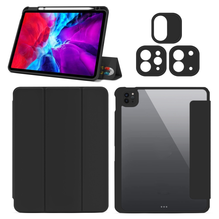 

Horizontal Flip Magnetic Separable Clear Acrylic + PU Leather Case with 3-folding Holder & Pen Slot & 3 x Switchable Lens Covers & Sleep / Wake-up Function For iPad Pro 11 2021 / Air 10.9 2020(Black)