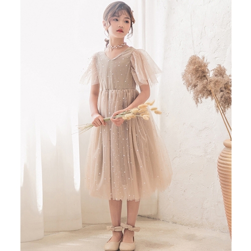 

A22101 Girls Summer Star Mesh Princess Dress, Appropriate Height:110cm(Champagne)